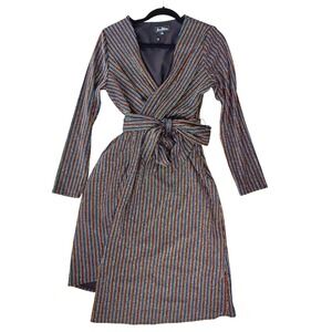 Sam Edelman Metallic Stripe Wrap Midi Dress Long Sleeve Multi Color Sz 10 party